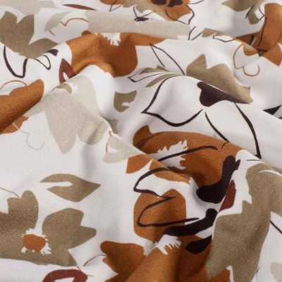 Tissu Sweat léger French Terry  Léna extensible fleurs Caramel sur fond Ecru - Par 10 cm