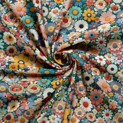 Tissu Softshell  Digital Colette fleurs retro Multicolores sur fond Bleu canard - Par 10 cm