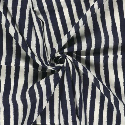 Tissu Coton Viscose aspect Lin rayures écru sur fond Bleu marine - Par 10 cm