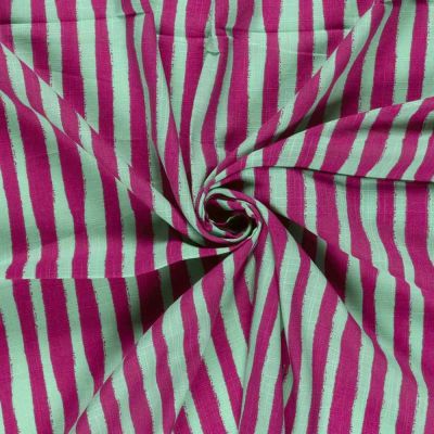 Tissu Viscose Coton aspect Lin rayures Prune sur fond Vert amande - Par 10 cm