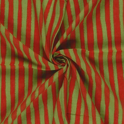 Tissu Viscose Coton aspect Lin rayures Terracota sur fond Vert olive - Par 10 cm