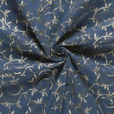 Tissu Chambray Polycoton Agnès broderie végétal Or sur fond Bleu denim - Par 10 cm