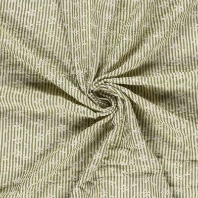 Tissu Popeline de Coton  Brodé petites fleurs rayures Blanc sur fond Vert olive - Par 10 cm