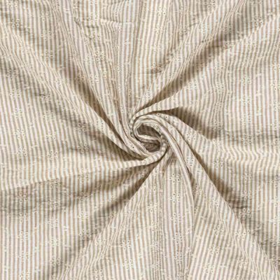 Tissu Popeline de Coton  Brodé petites fleurs rayures Blanc sur fond Beige - Par 10 cm