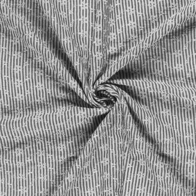 Tissu Popeline de Coton  Brodé petites fleurs rayures Blanc sur fond Noir - Par 10 cm