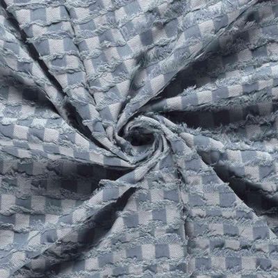 Tissu Jean Denim damier effiloché Bleu gris sur fond Bleu clair - Par 10 cm