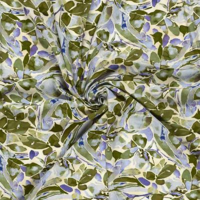 Tissu Viscose imprimé digital Eulalie jardin Olive sur fond Ecru - Par 10 cm