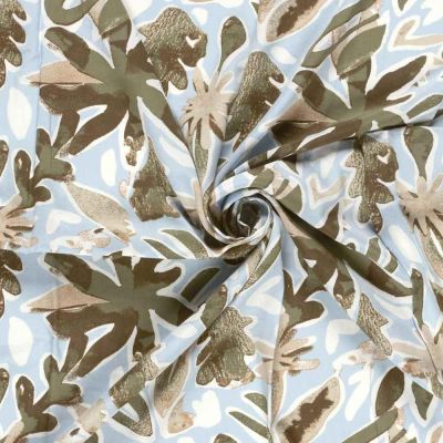 Tissu Viscose imprimé digital Léonie herbier Kaki et Beige sur fond Bleu ciel - Par 10 cm
