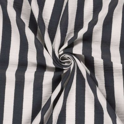 Tissu Double Gaze de Coton Rayé Marine sur fond Blanc - Par 10 cm