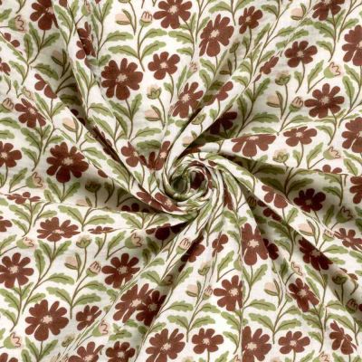 Tissu Double gaze de Coton Angèle fleurs Marron sur fond Ecru - Par 10 cm