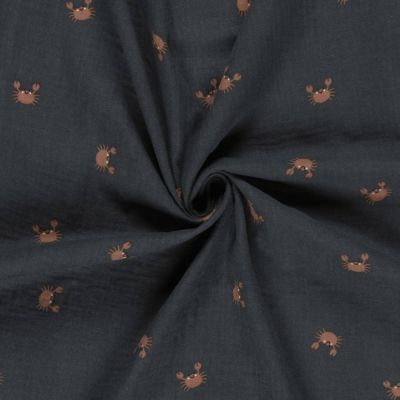 Tissu Double gaze de Coton Bob petits crabes sur fond Bleu marine - Par 10 cm