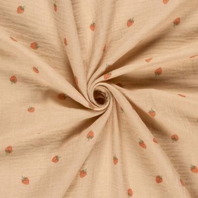 Tissu Double gaze de Coton Petites fraises sur fond Rose - Par 10 cm