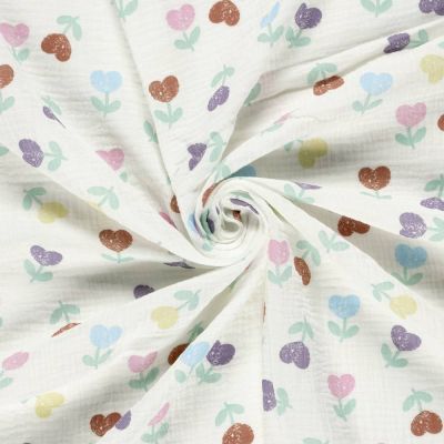 Tissu Double gaze de Coton Lola fleurs de cœur sur fond Ecru - Par 10 cm