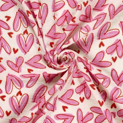 Tissu Double gaze de Coton Paris coeurs Rose sur fond Blanc cassé - Par 10 cm