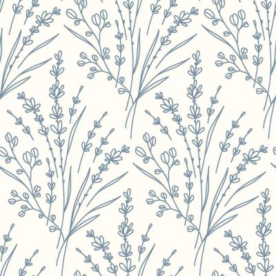 Tissu Popeline de Coton Brins Bleu grisé sur fond Ecru - Par 10 cm