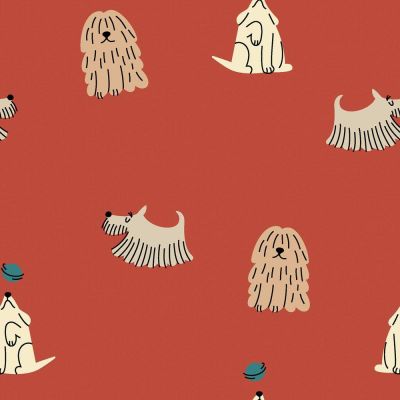 Tissu Popeline de Coton Pablo &amp; Compagnie Petits Chiens sur fond Terracotta - Par 10 cm