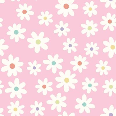 Tissu Popeline de Coton Marguerites multicolores sur fond Rose pastel - Par 10 cm