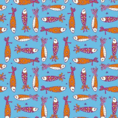 Tissu Popeline de Coton Sardines en Fête Poissons stylisés sur fond Bleu azur - Par 10 cm