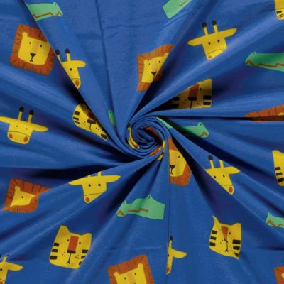 Tissu Jersey Coton imprimé Animaux du zoo sur fond Bleu roi - Par 10 cm