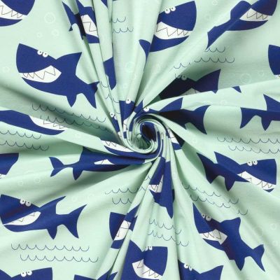 Tissu Jersey Coton imprimé Requins bleus sur fond Bleu azur - Par 10 cm
