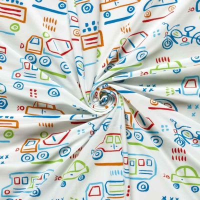 Tissu Jersey Coton imprimé Véhicules multico sur fond Ecru - Par 10 cm