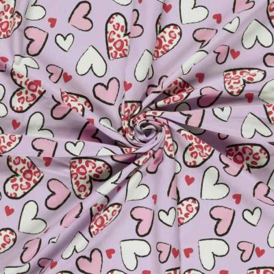 Tissu Jersey Coton imprimé Coeurs léo sur fond Parme - Par 10 cm