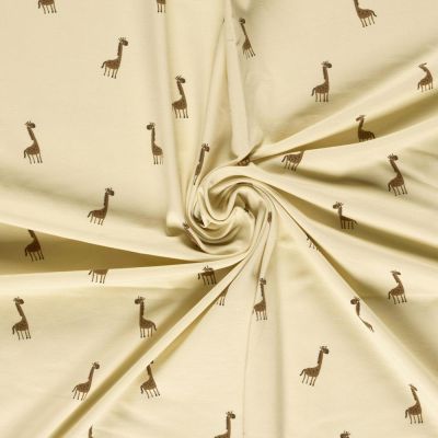 Tissu Jersey Coton imprimé Girafe marron sur fond Beige - Par 10 cm