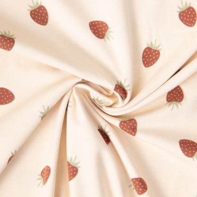Tissu Jersey Coton imprimé Zoé fraise des bois sur fond Beige - Par 10 cm