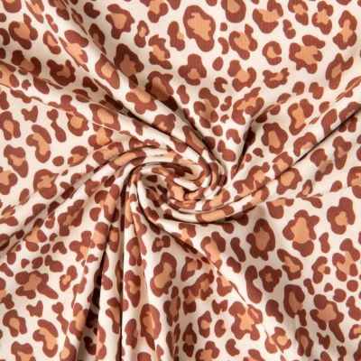 Tissu Jersey Coton imprimé tacheté Léopard Terracota et Brun sur fond Beige - Par 10 cm