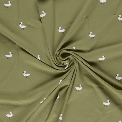 Tissu Jersey Coton imprimé Tom petits canards sur fond Vert olive - Par 10 cm