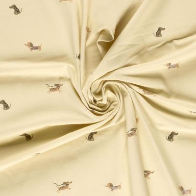 Tissu Jersey Coton imprimé Dogs teckel sur fond Beige - Par 10 cm