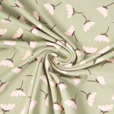 Tissu Jersey Coton imprimé June printanier sur fond Vert kaki clair - Par 10 cm