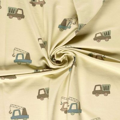 Tissu Sweat léger French Terry Tim petits camion sur fond Beige - Par 10 cm
