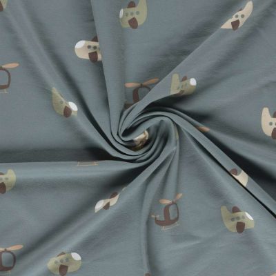Tissu Sweat léger French Terry Elio airplane sur fond Bleu gris - Par 10 cm