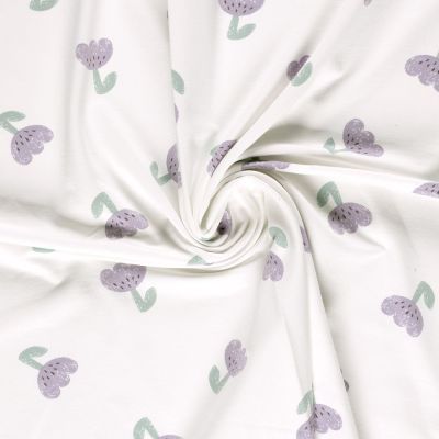 Tissu Sweat léger French Terry Fleurs parme sur fond Blanc cassé - Par 10 cm