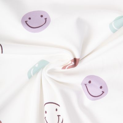 Tissu Sweat léger French Terry Smileys sur fond Blanc cassé - Par 10 cm
