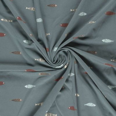 Tissu Jersey Coton imprimé Sardines sur fond Bleu ardoise - Par 10 cm