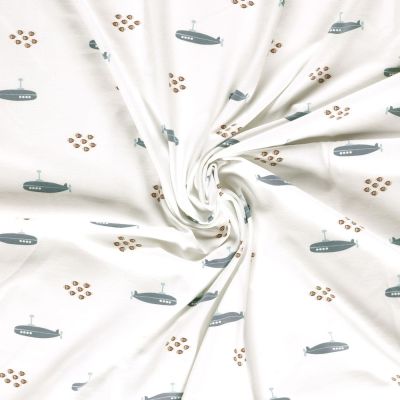 Tissu Jersey Coton imprimé Nino poissons et sous marins sur fond Ecru - Par 10 cm