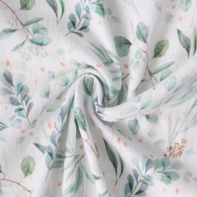Tissu Double gaze de Coton Ysée feuillage Vert sur fond Blanc - Par 10 cm