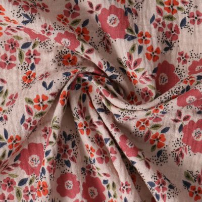 Tissu Double gaze de Coton Sylvaine fleurs Rouges sur fond Beige sable - Par 10 cm