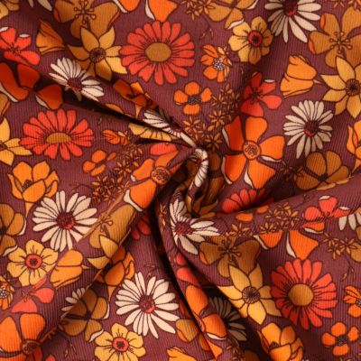 Tissu Velours Côtelé  Rosalia fleurs Orange vif sur fond Bordeaux - Par 10 cm