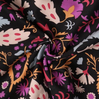 Tissu Velours Côtelé  Séphira fleurs Roses sur fond Noir - Par 10 cm