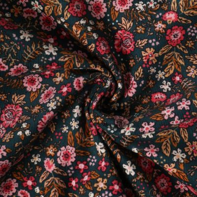 Tissu Velours Côtelé  Iselda fleurs Roses sur fond Vert épicéa - Par 10 cm