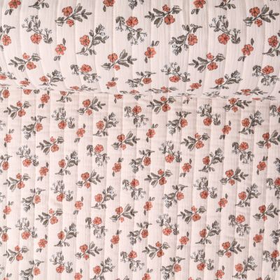 Tissu Double gaze Matelassé réversible  Lina fleurs oranges sur fond Beige - Par 10 cm