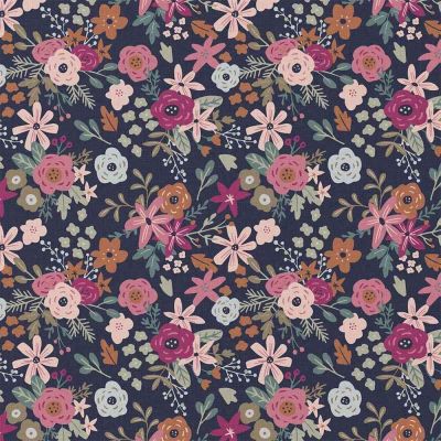 Tissu Coton imprimé Amadora fleurs Roses sur fond Bleu nuit - Par 10 cm