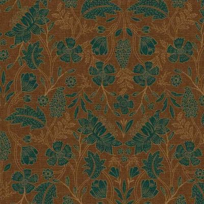 Tissu Toile Canvas Artemisia fleurs et feuilles Vertes sur fond Brun - Par 10 cm