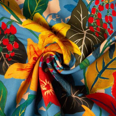 Tissu Viscose imprimé Arty Fleuris Madid sur fond Bleu ancien - Par 10 cm