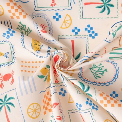 Tissu Coton enduit Cagliari voyage estival sur fond Ecru - Par 10 cm