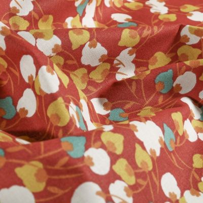 Tissu Coton imprimé Arty Fleurs jaune et pistache sur fond Rouille - Par 10 cm