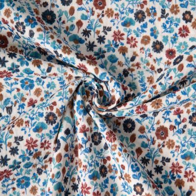 Tissu Double gaze de Coton Fleuris bleu Arya sur fond Ecru - Par 10 cm